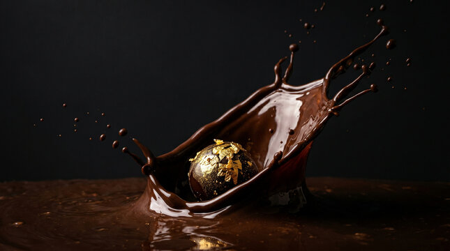 Golden Chocolate Truffle Splashing into a Pool of Melted Dark Chocolate