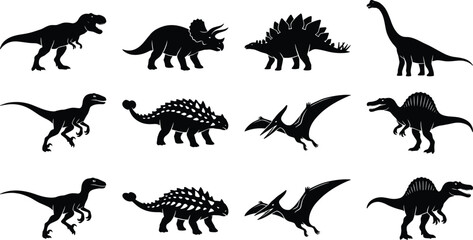 Dinosaur Silhouettes Vector Icons Set with Tyrannosaurus Rex Triceratops Stegosaurus Brachiosaurus Raptor and Pterodactyl © Nurjahan