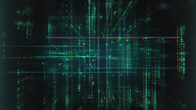 Abstract digital data stream with glowing green lines and grid network.