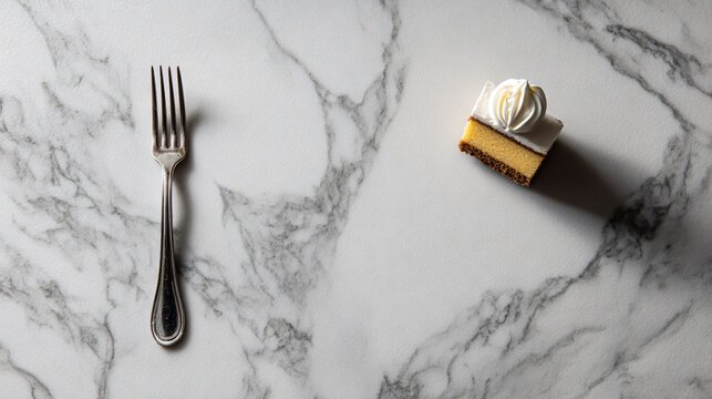 A minimalist composition of a dessert fork and a small cake bite placed along one edge of a marble surface
