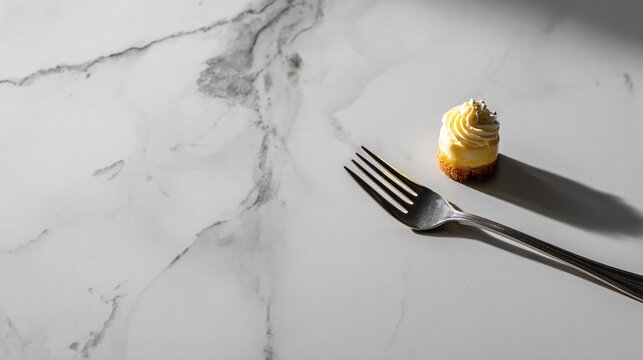 A minimalist composition of a dessert fork and a small cake bite placed along one edge of a marble surface