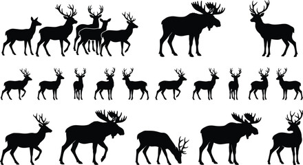 Fototapeta premium Deer and moose silhouettes set collection isolated on white background for wildlife and hunting designs
