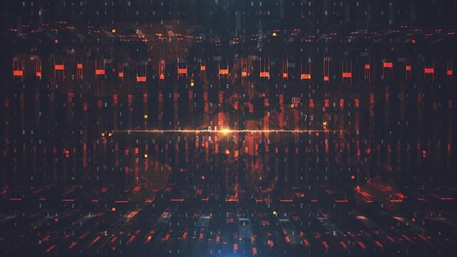 Abstract digital data stream with glowing red particles and light streaks.