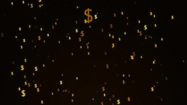Golden dollar sign floating on a black background, business finance earnings and gold money trading profit motion graphic, exchange rates currency investment market symbol particle