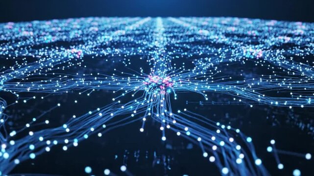 Futuristic Digital Data Stream Visualization with Glowing Connected Lines and Nodes