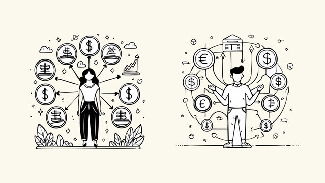 Financial planning and investment strategy with icons representing money, growth, and business