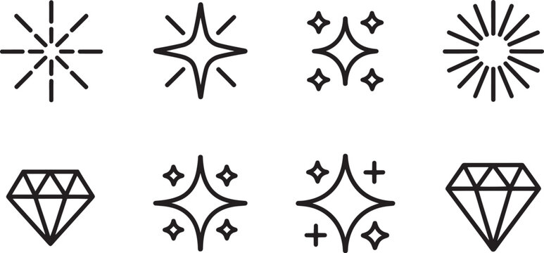 Collection of sparkle and diamond icons a variety of light effects and gem shapes on transparent background illustration. Vector Illustration