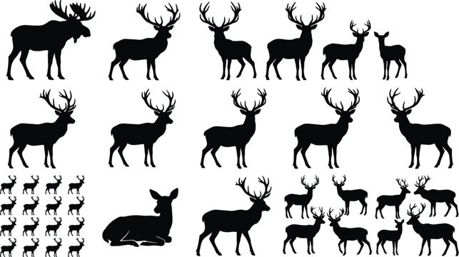Large collection of deer and moose silhouettes isolated on white background for wildlife and hunting designs