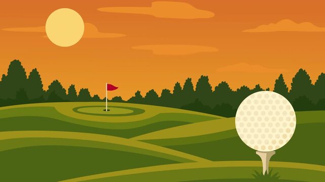 Golf country club banner with layered parallax animation effect featuring a golf ball, green, flag, fairway, trees, and sunset sky. 4K Video