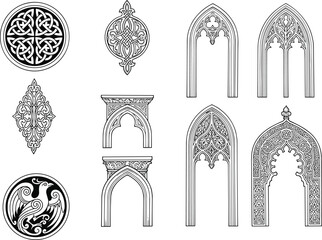 Naklejka premium Architectural motifs vector illustration with Celtic knots, floral ornaments, Gothic arches, tracery, and Moorish decorative designs