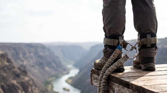 Close Up of Bungee Jumping Harness on Ankles at Canyon Edge for Adventure Tourism