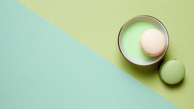 A pastel green background with a dessert placed along a diagonal line with empty areas