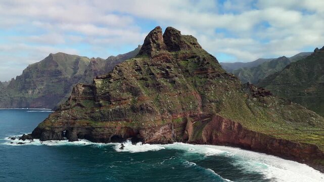Aerial drone view of Punta del Fronton coastline, Punta del Hidalgo, Tenerife