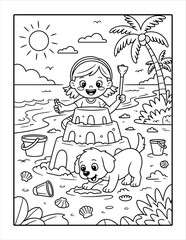 Obraz premium Little girl and dog playing in sand at sunny tropical beach in north america region.
