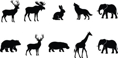 Fototapeta premium Silhouettes of Wild Animals Including Deer, Moose, Elephant, Bear, Giraffe, and Hippopotamus