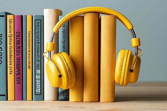Vibrant Headphones and Bookshelf Setup: Embrace Modern Audiobook Learning with Stylish Audio Gear
