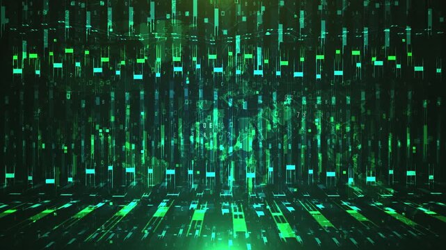 Abstract Digital Matrix Background with Glowing Green Vertical Lines.
