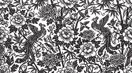 Fototapeta premium Black, floral, peacock pattern, seamless border, damask design, vector background
