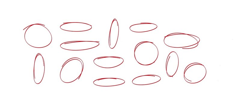 Hand drawn red line brush oval set.hand draw line brush pencil oval red Color doodle marker chalk pen . round circle underline frame check sign bubble texture background vector illustration.