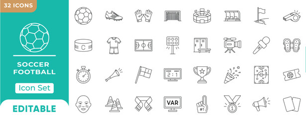 Soccer Tournament and Football Match Equipment Line Icon Set - Editable Soccer and Football Element Vector Icon Bundle © Iconix Studio