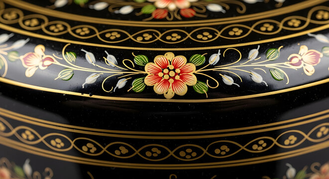 Papier-m&acirc;ch&eacute; lacquered Kashmiri box surface texture, hand-painted floral miniature detail on jet black lacquer ground, ultra-fine brushwork with gold highlights, 8K macro photography, 