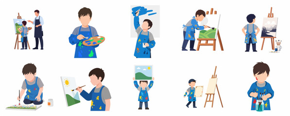 Fototapeta premium Collection of little boy painting illustrations, kids art class, creative hobby and education concept, flat vector design