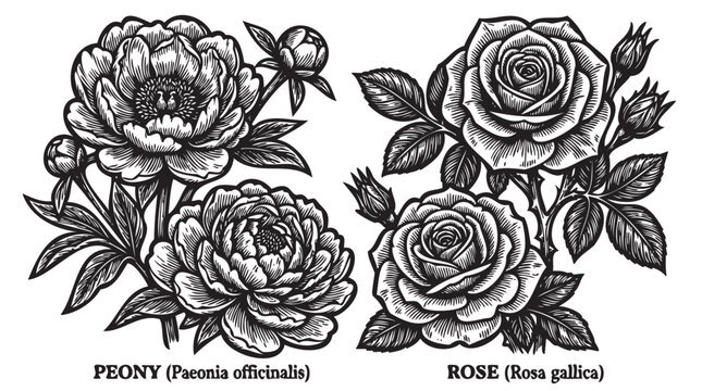 Botanical illustrations, Peony and Rose flowers, black and white, line art, floral elements