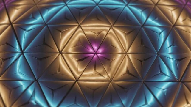 Abstract futuristic geometric surface with shifting vibrant neon lighting forming a trippy pattern
