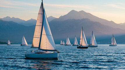 Fototapeta premium Wide panoramic view of a sailing regatta fleet spread across a bay with a dramatic mountain backdrop at golden hour, maritime sport and coastal landscape concept, defocused, with