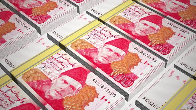 Stacks of 100 PKR or One Hundred Pakistani Rupees banknotes or currency. Neat Rows of Pakistan 100 Rupee Bank note in 3D Motion. 4k Animation.