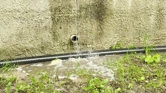 heavy rainwater pours continuously from an outdoor drainage pipe. The gushing stream hits a muddy puddle below, creating a loud splashing and bubbling sound.