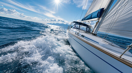 Fototapeta premium Dramatic wide angle shot of a sailboat riding a steep ocean swell with full sails and spray flying, open sea adventure and extreme sailing concept, defocused stormy sky, with copy