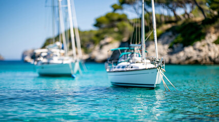 Obraz premium Beautiful bay dotted with elegant sailing boats moored in calm turquoise water, Mediterranean island sailing destination concept, defocused, with copy space