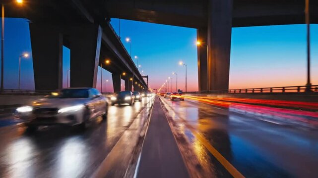Evening rush hour traffic on wet highway driving towards bridge with city lights and colorful dusk sky