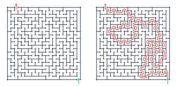Square maze for adults, medium difficulty printable logic game, find the way from start to exit, black and white, activity worksheet page with solution