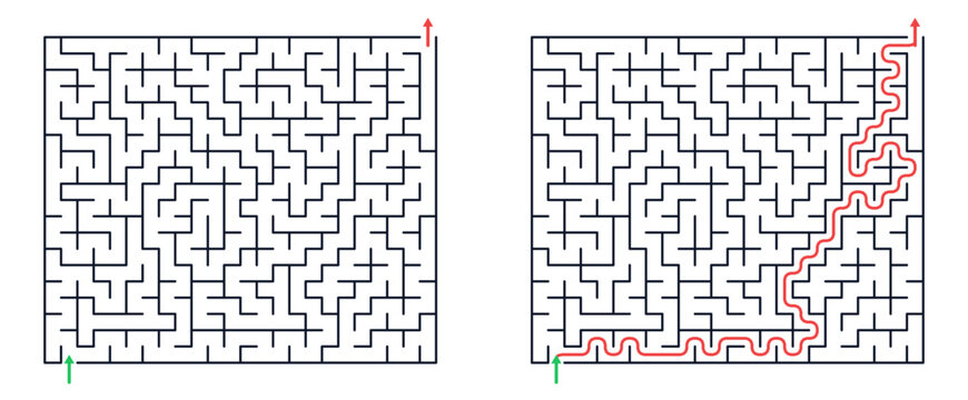 Rectangular maze for kids, medium difficulty printable logic game, find the way from start to exit, line art, activity worksheet page with solution