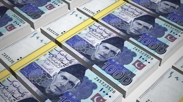 Stacks of 1000 PKR or One Thousand Pakistani Rupees banknotes or currency. Neat Rows of Pakistan 1000 Rupee Bank note in 3D Motion. 4k Animation.