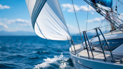 Fototapeta premium Yacht sails billowing against a clear blue sky background, open sea sailing and summer holiday concept, defocused ocean background, with copy space