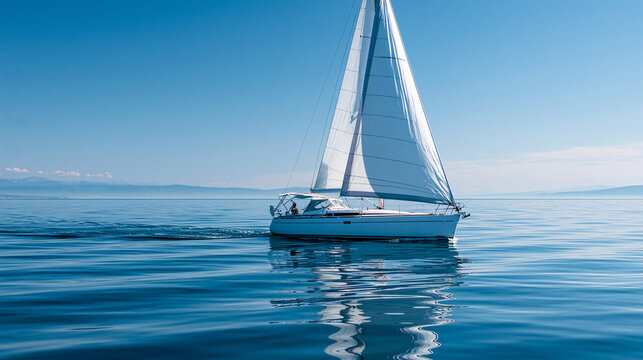 White sailboat with full sails navigating calm expansive blue sea under a clear sky, serene peaceful sailing lifestyle concept, defocused, with copy space
