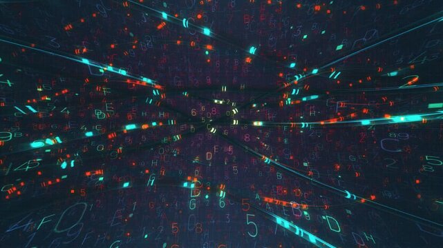 Digital data stream abstract background with glowing binary numbers and light streaks.