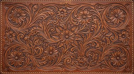 Naklejka premium Western hand tooled leather panel with embossed floral scroll pattern and visible stitching border in warm brown tones