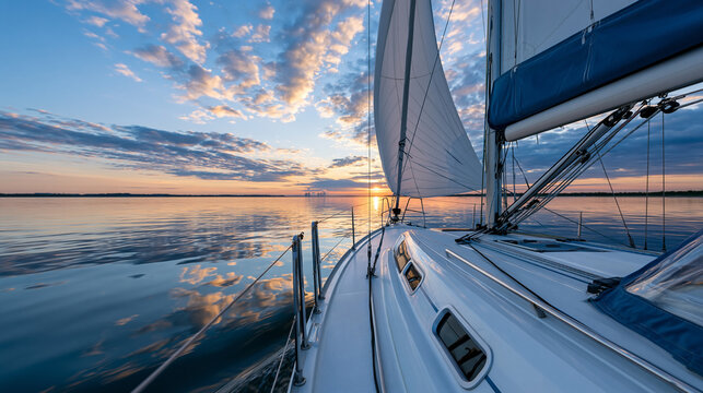 White yacht sailing on still Baltic Sea water at sunset, view from deck toward bow mast and sails with stunning cloudscape reflections, sailing lifestyle concept, defocused, with