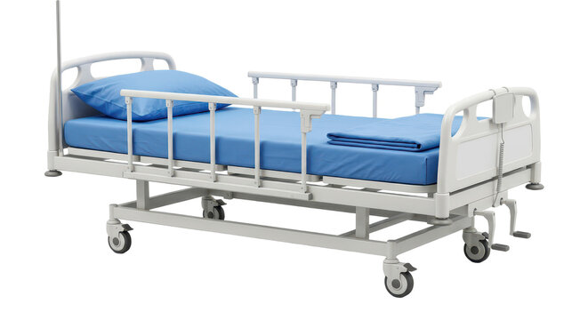 A hospital bed with blue bedding, adjustable side rails, and wheels designed for patient care and mobility.