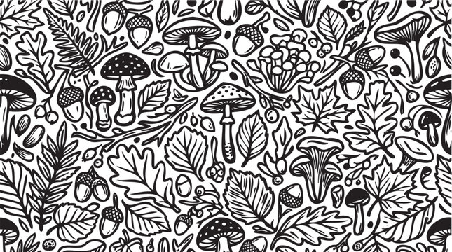 Black and white mushroom, leaf, and plant seamless pattern, fungi and foliage illustration, vector botanical design, seamless texture