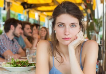 Fototapeta premium A young woman with long brown hair rests her chin on her hand at a restaurant. Friends sit at the table enjoying their food and drinks