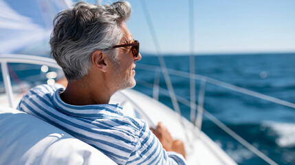 Fototapeta premium Anonymous mature man sailing on a luxury yacht on the open sea, active retirement and freedom lifestyle concept, faceless, defocused blue sky background, with copy space