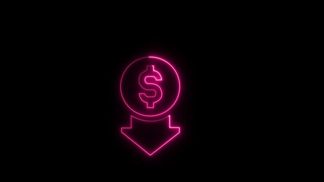 Neon cost reduction icon animation. Dollar down icon. Low price dollar concept. Cash with down arrow stocks graph, concept of financial crisis, market fall.4k Animation video on Black Background