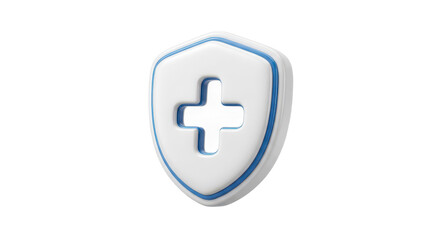 Fototapeta premium A 3D rendered white shield with a blue outline and a cutout cross symbol in the center, representing protection and healthcare.