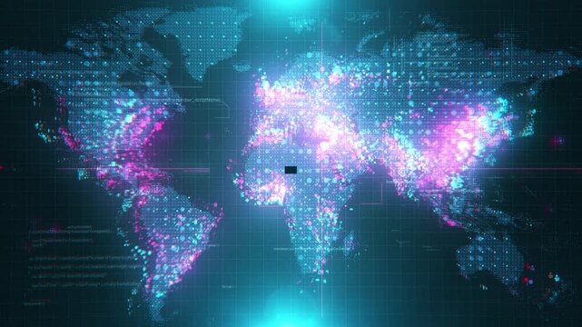Digital world map with glowing data nodes and network connections.
