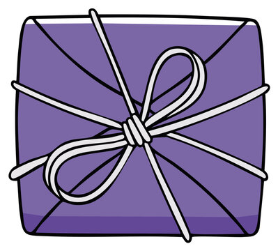 Stylish purple gift box wrapped with string and bow doodle illustration for birthday or holiday presents